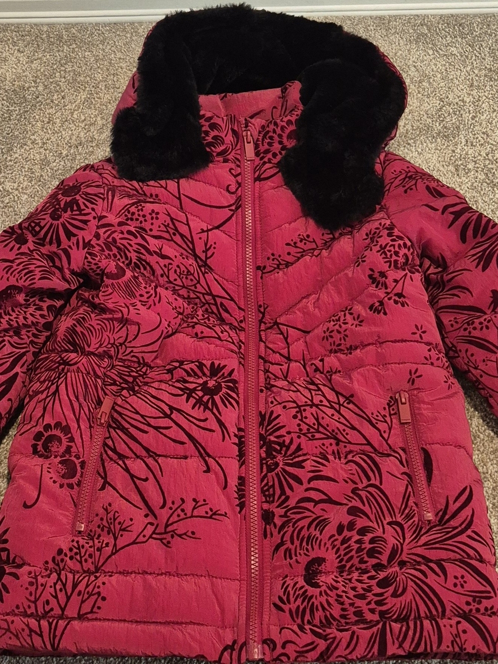 Kids/Girl Desigual Pink Floral Velvet-Print Puffer Jacket with Faux Fur Hood
